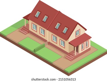 Isometric semi-detached house with attic floor. Vector illustration.