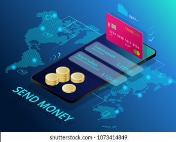 Isometric Send Money. Online Money Transfer Interface Concept. Modern Technology And Online Transaction.