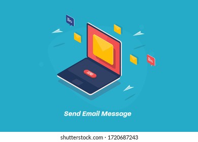 Isometric Sending email message, Email envelope on laptop screen, Email newsletter marketing 3D concept with icons - vector illustration