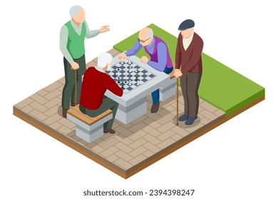 Isometric senior friends playing chess game at the park. Logical tactical turn-based game, chess tournament, sport game, hobby and interests, highly intellectual occupation.