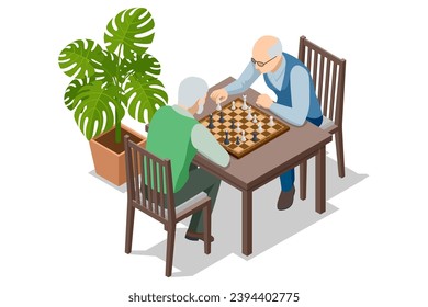 Isometric senior friends playing chess game. Logical tactical turn-based game, chess tournament, sport game, hobby and interests, highly intellectual occupation.