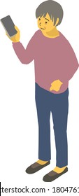 Isometric senior lady with smartphone, vector illustration