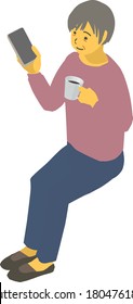 Isometric senior lady vector illustration, with smartphone