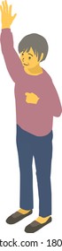 Isometric senior lady vector illustration, raise hand