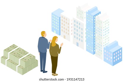 Isometric, senior men and women trying to buy an apartment