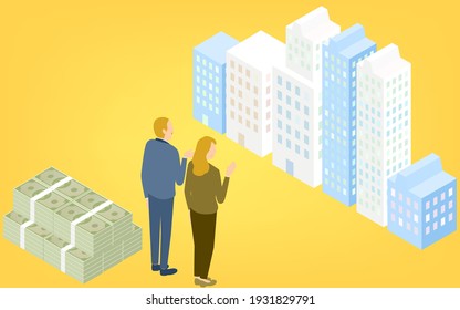 Isometric, senior men and women trying to buy an apartment