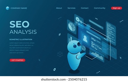 Isometric seo analysis landing page concept. Search engine optimization analysis concept. Digital technology website landing page. Vector illustration