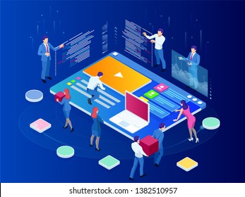 Isometric SEO analytics team concept. Contents creation specialist and article writers. Writing service, IT specialists, search engine optimization analysis