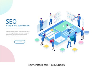 Isometric SEO analytics team concept. Contents creation specialist and article writers. Writing service, IT specialists, search engine optimization analysis