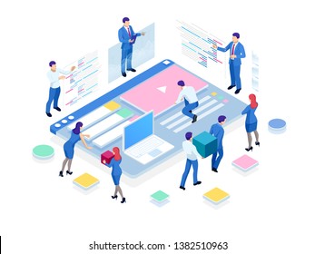 Isometric SEO analytics team concept. Contents creation specialist and article writers. Writing service, IT specialists, search engine optimization analysis