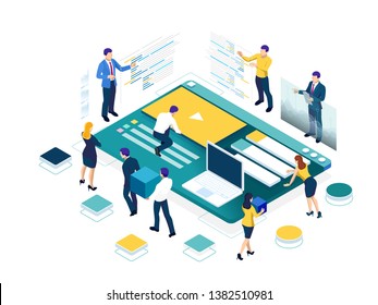 Isometric SEO analytics team concept. Contents creation specialist and article writers. Writing service, IT specialists, search engine optimization analysis