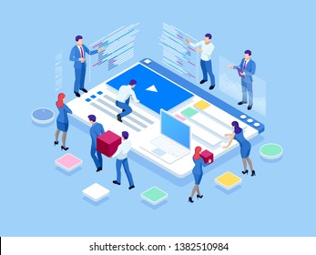 Isometric SEO analytics team concept. Contents creation specialist and article writers. Writing service, IT specialists, search engine optimization analysis