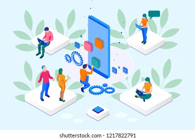 Isometric Seo Optimization and Analytics Team Modern Landing page design concept.