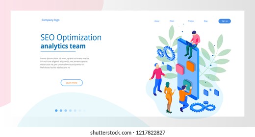Isometric Seo Optimization and Analytics Team Modern Landing page design concept.
