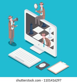 Isometric SEO optimization concept flat illustration with people. Detectives with a megaphone and a magnifying glass on a chessboard in a computer.
