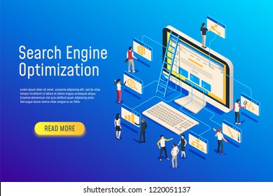 Isometric seo optimization. Website team computer optimizing. 3d seo web site optimize, searching financial data analysis. Internet marketing technology analytics concept vector illustration