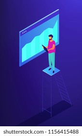 Isometric SEO specialist monitoring data with chart illustration. SEO optimization, digital marketing, data analysis and research concept. Blue violet background. Vector 3d isometric illustration.