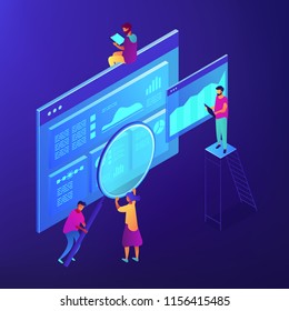 Isometric SEO specialists analizing data charts and magnifier. SEO technology and marketing, digital marketing strategy concept. Blue violet background. Vector 3d isometric illustration. Isometric SEO specialists analizing data charts and magnifier. SEO technology and marketing, digital marketing strategy concept. Blue violet background. Vector 3d isometric illustration.