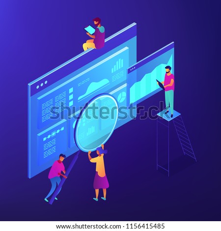 Isometric SEO specialists analizing data charts and magnifier. SEO technology and marketing, digital marketing strategy concept. Blue violet background. Vector 3d isometric illustration.