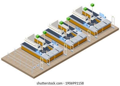 Isometrische Serie von Registrierkassen, Kassenschalter in einem großen Supermarkt. Leere Kasse mit Computerbildschirm und Kartenzahlterminal.