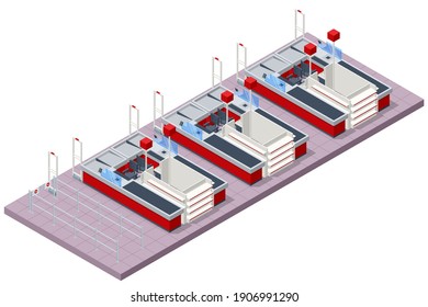 Isometric series of cash registers, cash desk, in a large supermarket. Empty cash desk with computer screen and card payment terminal.