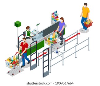 Isometric series of cash registers, cash desk, in a large supermarket. People with shopping carts and baskets waiting in line at the cash register