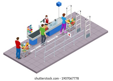 Isometric series of cash registers, cash desk, in a large supermarket. People with shopping carts and baskets waiting in line at the cash register