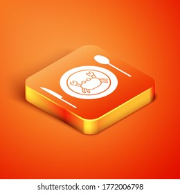 Isometric Served crab on a plate icon isolated on orange background. Vector.