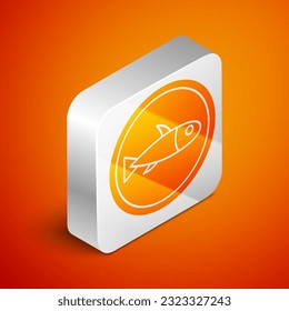 Isometric Served fish on a plate icon isolated on orange background. Silver square button. Vector