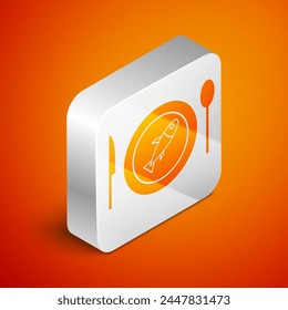 Isometric Served fish on a plate icon isolated on orange background. Silver square button. Vector
