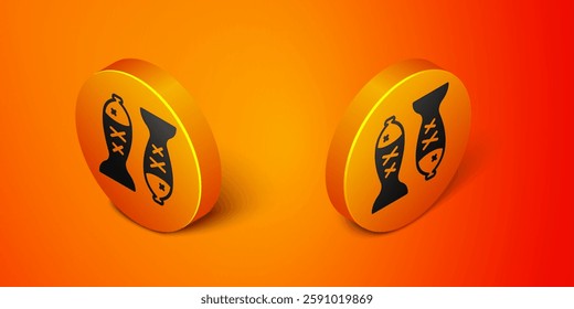 Isometric Served fish on a plate icon isolated on orange background. Orange circle button. Vector