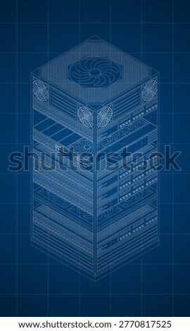 Isometric server blueprint. Network technology and hosting server equipment. Computer network technology. Cloud database station. Data storage