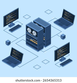Servidor isométrico conectando computadores. Conexão de rede. Tecnologia digital de computação na internet. Conceito de hospedagem na Web. Tecnologia isométrica