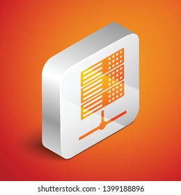 Isometric Server, Data, Web Hosting icon isolated on orange background. Silver square button. Vector Illustration