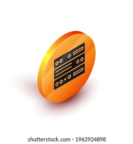 Isometric Server, Data, Web Hosting icon isolated on white background. Orange circle button. Vector Illustration