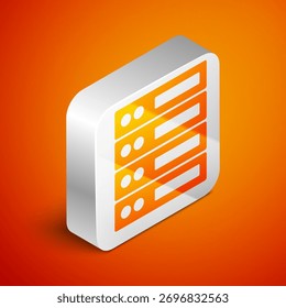 Ícone de Servidor Isométrico, Dados, Web Hosting isolado no plano de fundo laranja. Botão quadrado prateado. Vetor
