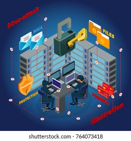 Isometric server Ddos attack template with mail personal files protection financial and personal information hacking vector illustration