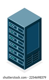 Equipo de servidor isométrico aislado fondo. Servidor de nube de ilustraciones 3d isométricas planas. objeto de la sala de almacenamiento del centro de datos. Ilustración del vector
