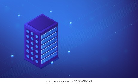 Isometric server farm concept. Power computer server as cluster server, cloud services, functionality performance and IT system concept in blue violet palette. Vector 3d illustration.