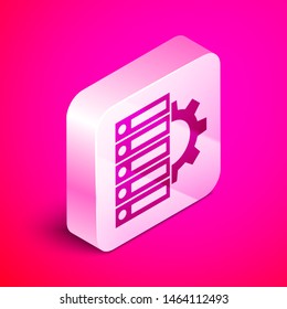 Isometric Server and gear icon isolated on pink background. Adjusting app, service concept, setting options, maintenance, repair, fixing. Silver square button. Vector Illustration