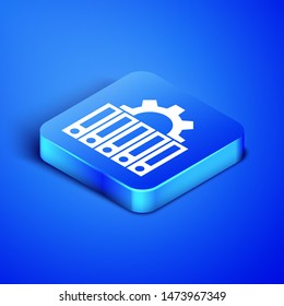 Isometric Server and gear icon isolated on blue background. Adjusting app, service concept, setting options, maintenance, repair, fixing. Blue square button. Vector Illustration