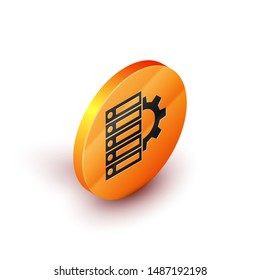 Isometric Server and gear icon isolated on white background. Adjusting app, service concept, setting options, maintenance, repair, fixing. Orange circle button. Vector Illustration