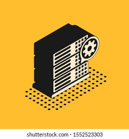 Isometric Server and gear icon isolated on yellow background. Adjusting app, service concept, setting options, maintenance, repair, fixing.  Vector Illustration