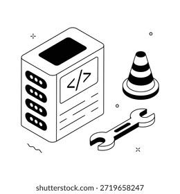 Ilustración de mantenimiento de servidor isométrico que muestra herramientas y reparación de base de datos.