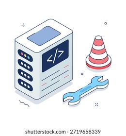 Isometric server maintenance illustration showing tools and database repair.