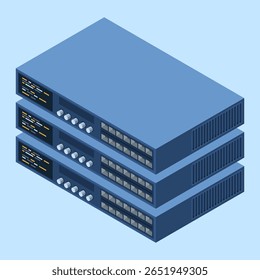 Isometric server. Server network equipment. Computer network technology. Storage database. Isometric technology. Vector illustration