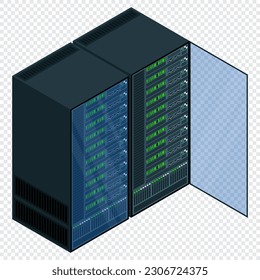 Servidor isométrico. Sala de servidores de red. Equipo de computadora 3D. Base de datos de almacenamiento. Tecnología isométrica. Ilustración del vector