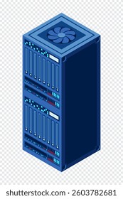 Isometric server. Network server room. 3D computer equipment. Storage database. Isometric technology