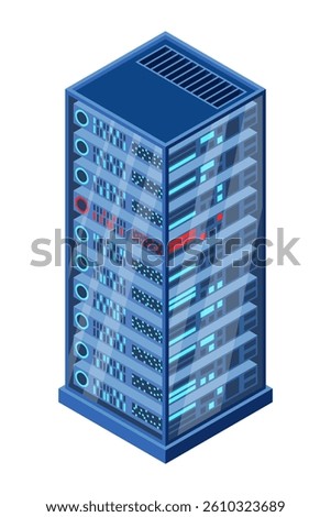 Isometric server. Network server room. 3D computer equipment. Storage database. Isometric technology