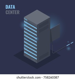 Isometric server rack with open door vector, server optical cable, data center banner ,data cluster concept 3d illustration 
